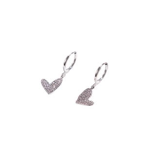Silver stainless steel hoop earrings featuring sparkling rhinestone encrusted heart charms
