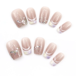 French nude press-on nails set with glitter gradients and colorful abstract line art