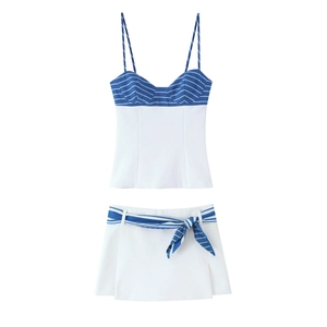 Blau Weiße Streifen Camisole Top Und A Linie Minirock Mit Bogen Gürtel Baumwolle Polyester Streetwear Sommer Kleidung