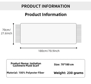Size chart showing 180x70cm dimensions for British style plaid scarf with fringe