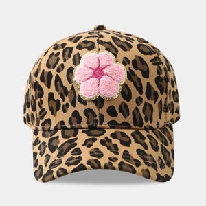 Close-up of leopard print baseball cap with a 3D pink plush flower embroidery detail