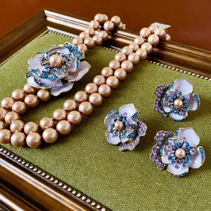 Vintage Palace Flower Enamel Rhinestone Artificial Pearl Necklace Earrings And Ring French Chic Alloy With Silver Earring Post