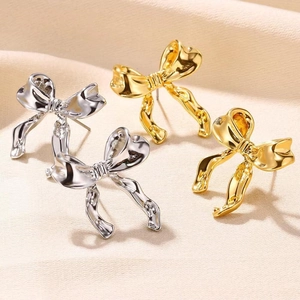 Elegant Bow Stud Earrings With Copper Earring Post Brass Ribbon Geometric Style Jewelry For Women Fashionable