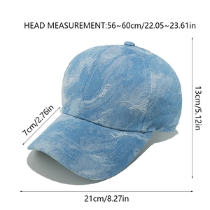 Detailed sizing chart for light blue denim baseball cap with 56-60cm circumference