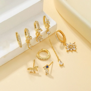 Elegant gold flower tassel earring set with white and blue zircon stones for women