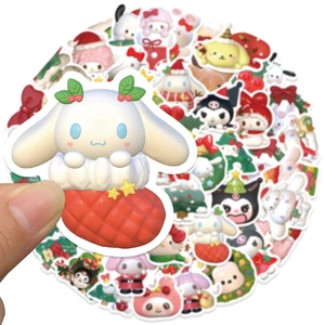 Close-up of waterproof Christmas stickers featuring cartoon characters for DIY decor
