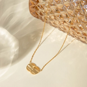 18k gold plated stainless steel necklace with geometric oval pendant on fine link chain
