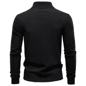 Detail view of the stitching on back of men's black stand collar thermal sweatshirt