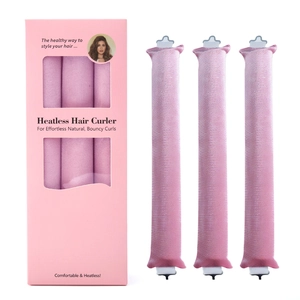 Pink heatless hair curler set with three satin foam rollers and retail packaging box