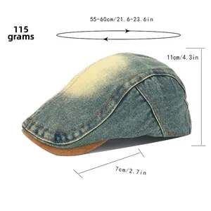 Sizing diagram of a vintage denim flat cap with blue washed fabric and brown suede brim