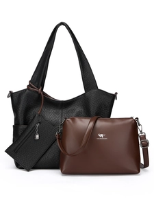 Black textured tote bag with brown crossbody and small pouch 3-piece bag set for women