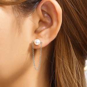 Close-up of 925 sterling silver long tassel chain pearl earrings on female model