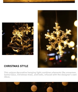 Close-up of LED Christmas window lights in snowflake and bell shapes with warm glow