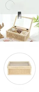Detail view of a handmade rattan storage basket featuring a transparent glass lid for home decor
