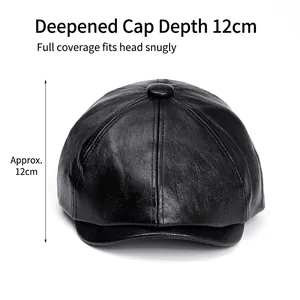 Classic black PU leather newsboy cap with 12cm deep crown and textured finish