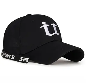 Detail of black cotton baseball cap showing 3D embroidered logo and SPORTS adjustable strap