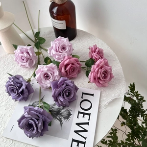 Artificial Rose Flowers Satin Cloth Realistic Multi Head Wedding Hall Decoration Home Table Arrangement Long Stem Bouquet