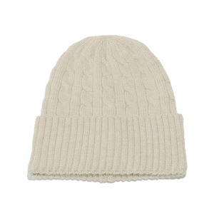 Detailed view of cable-knit patterns and ribbed texture on winter beanie hat