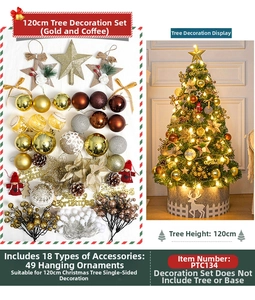 Detail of 49-piece gold and brown Christmas tree decoration set with ornaments and lights