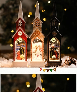 Three glowing LED Christmas church miniatures with holy nativity scenes and snow glitter