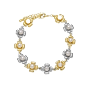 Elegant two-tone flower link bracelet with pearls and adjustable gold-plated chain