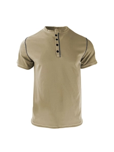 Detail of khaki waffle knit texture and button placket on a men's short sleeve polo shirt