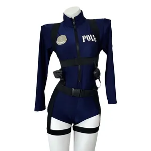 Sexy dark blue police cosplay outfit with long-sleeve zipper romper and tactical gear