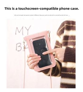 Pink crossbody phone bag with a clear touch-screen window shown during mobile operation