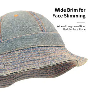 Chapeau bob en denim bleu avec coutures orange et large bord pour protection solaire