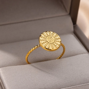 Macro view of 18k gold plated stainless steel ring with sunburst texture and rope band