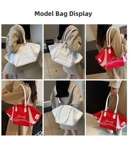 Collage of model carrying a large embroidered bowling bag in red and white colors