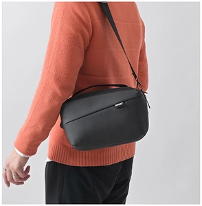 Detailed back view of a men's black waterproof crossbody bag with SPORT logo