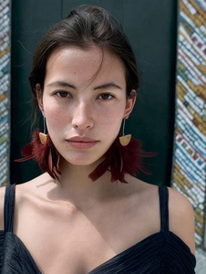Close-up of bohemian gold textured hoop earrings with deep red feather tassels