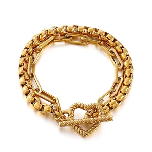 Double Layer Heart Toggle Bracelet Stainless Steel Twisted Rope Texture Paperclip Box Chain Stitching Fashion For Women