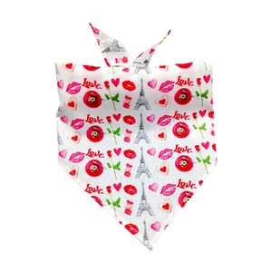 Detail of white cotton pet bandana with red hearts, roses and Eiffel Tower print