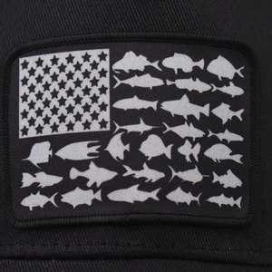 Mesh baseball cap with US flag fish embroidery and patriotic color blocking