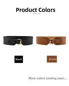 Detail of wide elastic waist belts in black and brown with gold square metal buckle