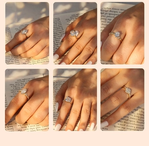 Macro display of assorted S925 silver rings with various diamond cuts in gold finish
