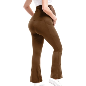 Brown high-waisted maternity yoga flare pants with side pockets and belly support