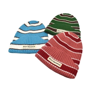 Striped Beanie Hat Acrylic Knitted Warm Winter Cuffed Thermal Casual Japanese Streetwear Cloth Label Men Women
