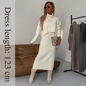 Ensemble Deux Pièces en Maille pour Femmes Couleur Unie Col Roulé Automne Hiver Top Manches Longues et Robe Maxi Sans Manches