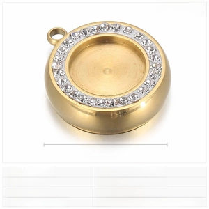 Macro detail of 17mm gold stainless steel round pendant setting with white rhinestones