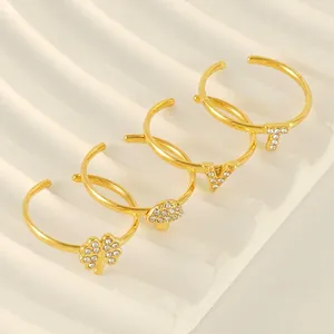 Adjustable Open Ring 18K Gold Plated Stainless Steel With Zircon Letter V T Clover Mushroom For Women Fashion Jewelry