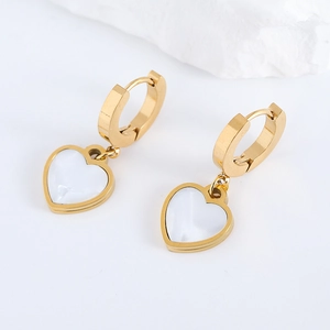 Minimalist gold heart dangle earrings with white shell inlay for women's jewelry