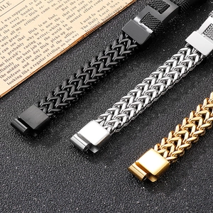 Detailed view of woven titanium steel bracelets in black, silver, and gold finishes