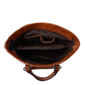 Top view of brown tote bag interior featuring zipper compartment and side pockets