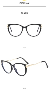 Front and side view of chic black cat-eye TR90 eyeglasses with elegant golden temples