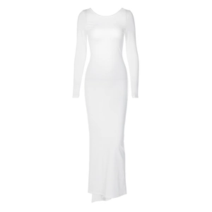 Detailed view of long sleeve white bodycon dress with elegant ruched back and crew neck