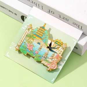 Exquisite metal Hangzhou West Lake souvenir fridge magnet featuring Leifeng Pagoda and lotus