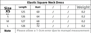 Detailed size chart for the striped knit square neck dress with measurements in centimeters